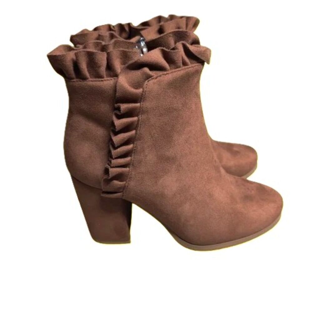 Women's Brown Suede Ruffle Ankle Boots Block Heel Zip Up Size 5